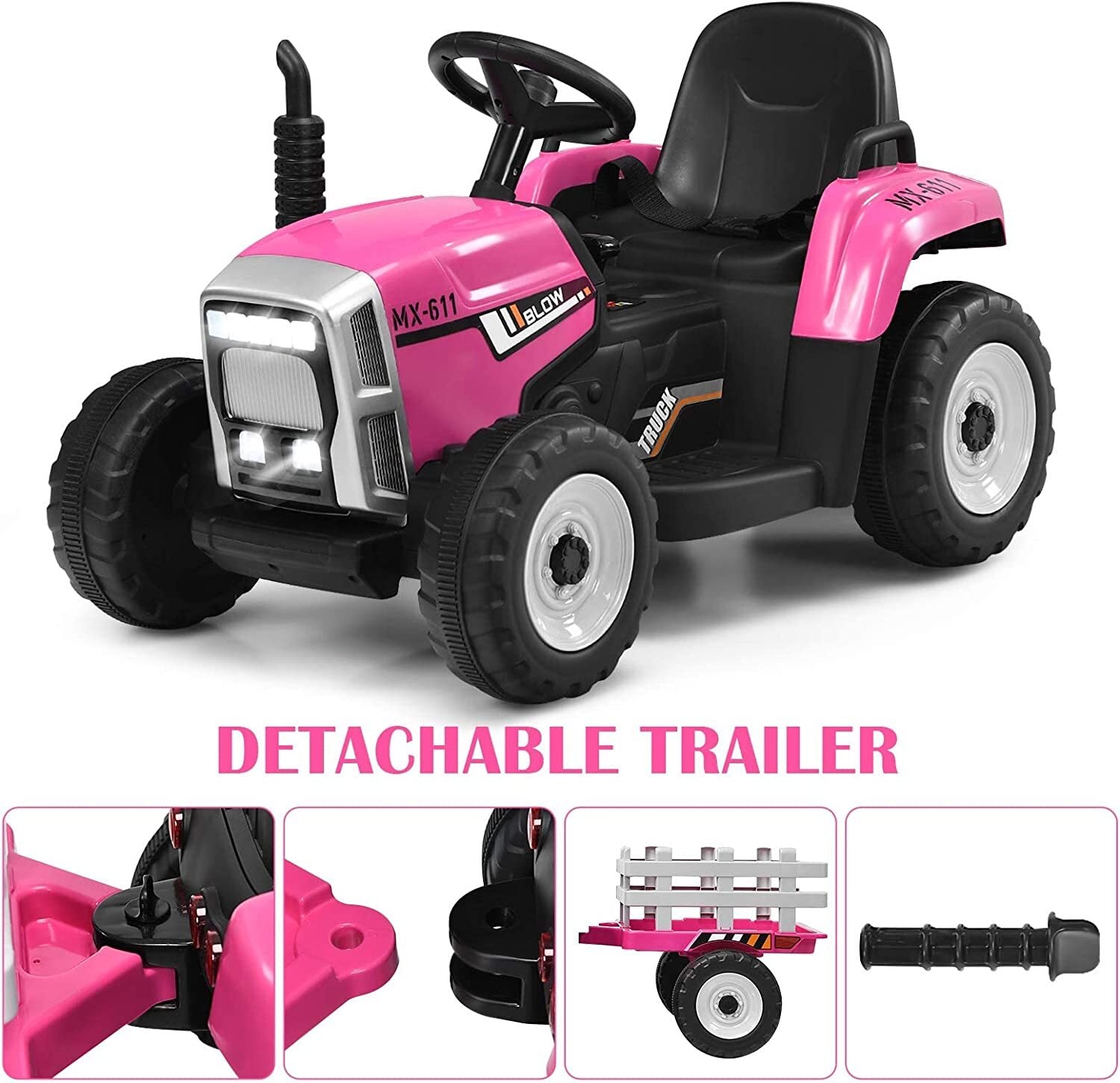 12V Battery-Powered Kids Electric Ride-On Tractor with Trailer, LED Lights, and USB Charging Trend Times 8
