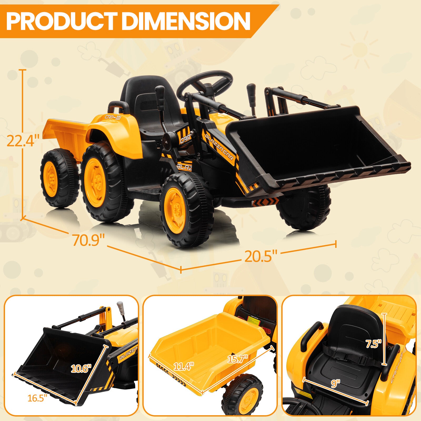 12V Kids Electric Ride-On Tractor and Bulldozer Vehicle with Trailer and Music Trend Times 11