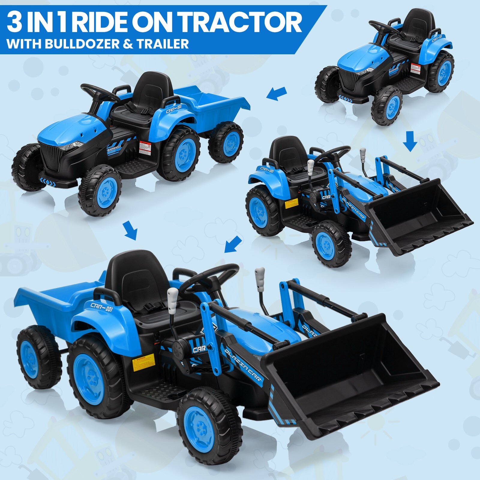 12V Kids Electric Ride-On Tractor and Bulldozer Vehicle with Trailer and Music Trend Times 13