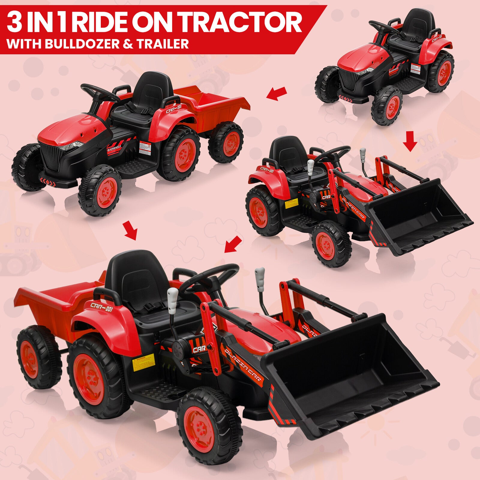 12V Kids Electric Ride-On Tractor and Bulldozer Vehicle with Trailer and Music Trend Times 18