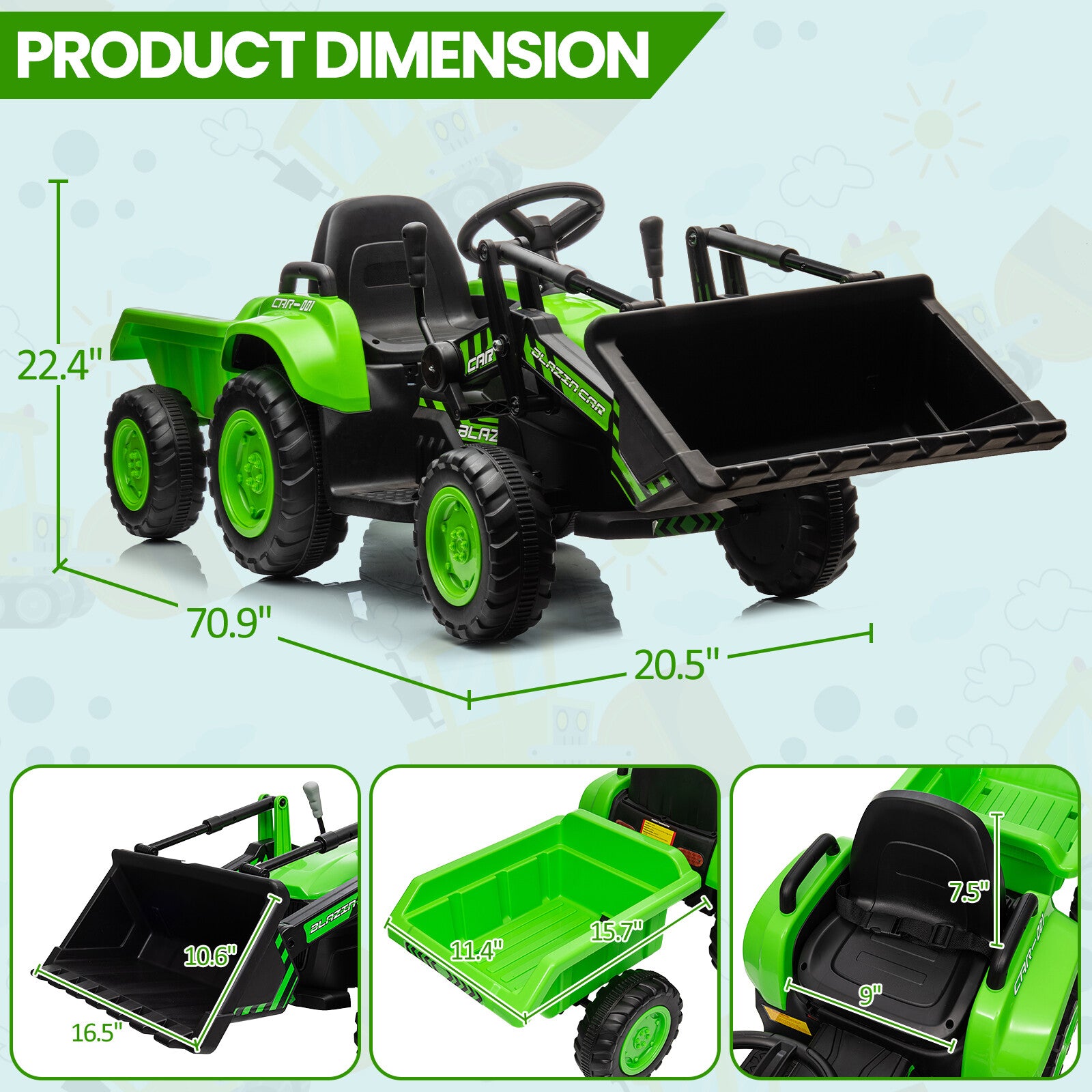12V Kids Electric Ride-On Tractor and Bulldozer Vehicle with Trailer and Music Trend Times 4