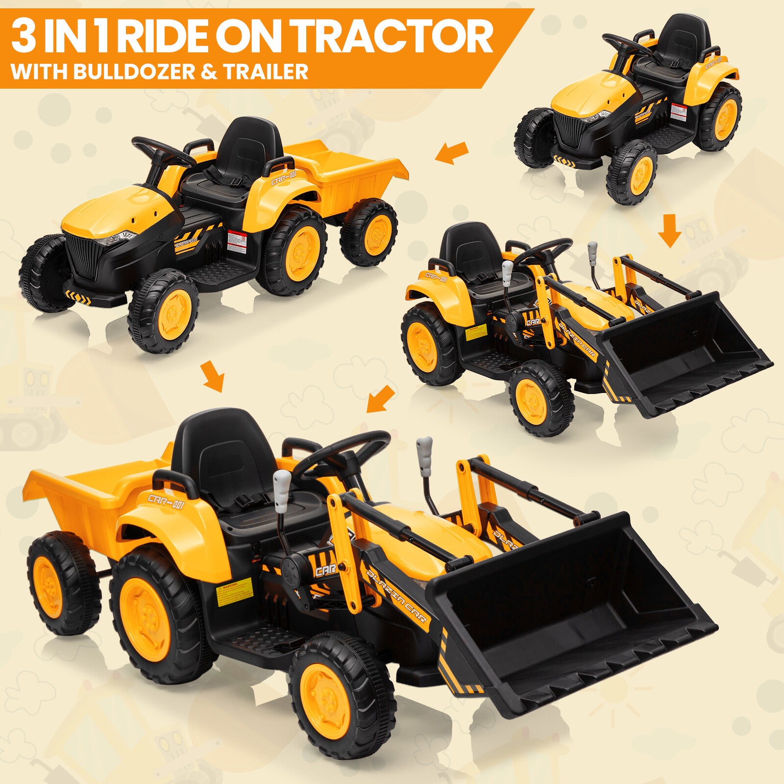 12V Kids Electric Ride-On Tractor and Bulldozer Vehicle with Trailer and Music Trend Times 9