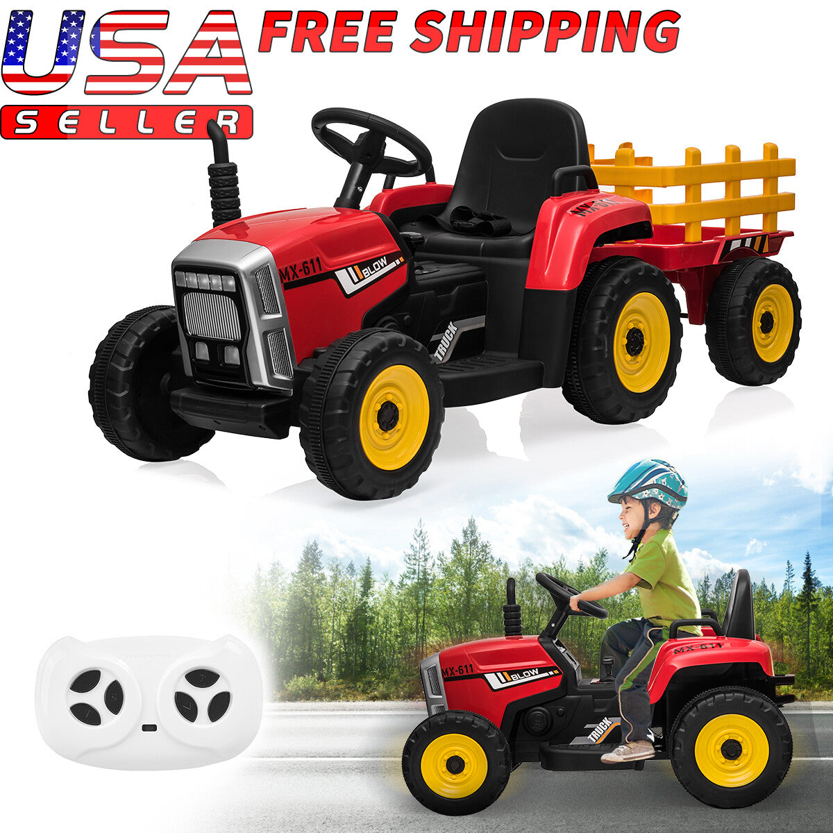 12V Kids Ride-On Electric Tractor Car with Trailer, Remote Control, LED Lights, and MP3 - Red Trend Times 0
