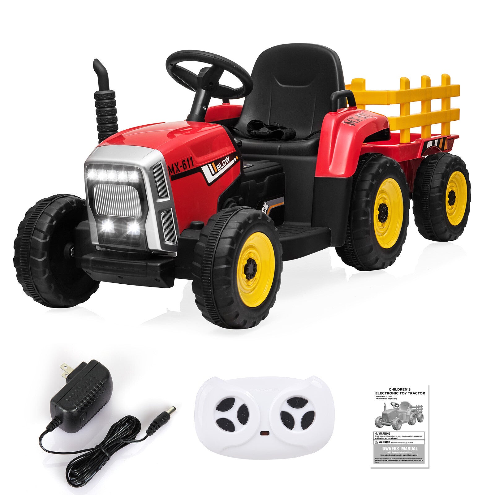 12V Kids Ride-On Electric Tractor Car with Trailer, Remote Control, LED Lights, and MP3 - Red Trend Times 13