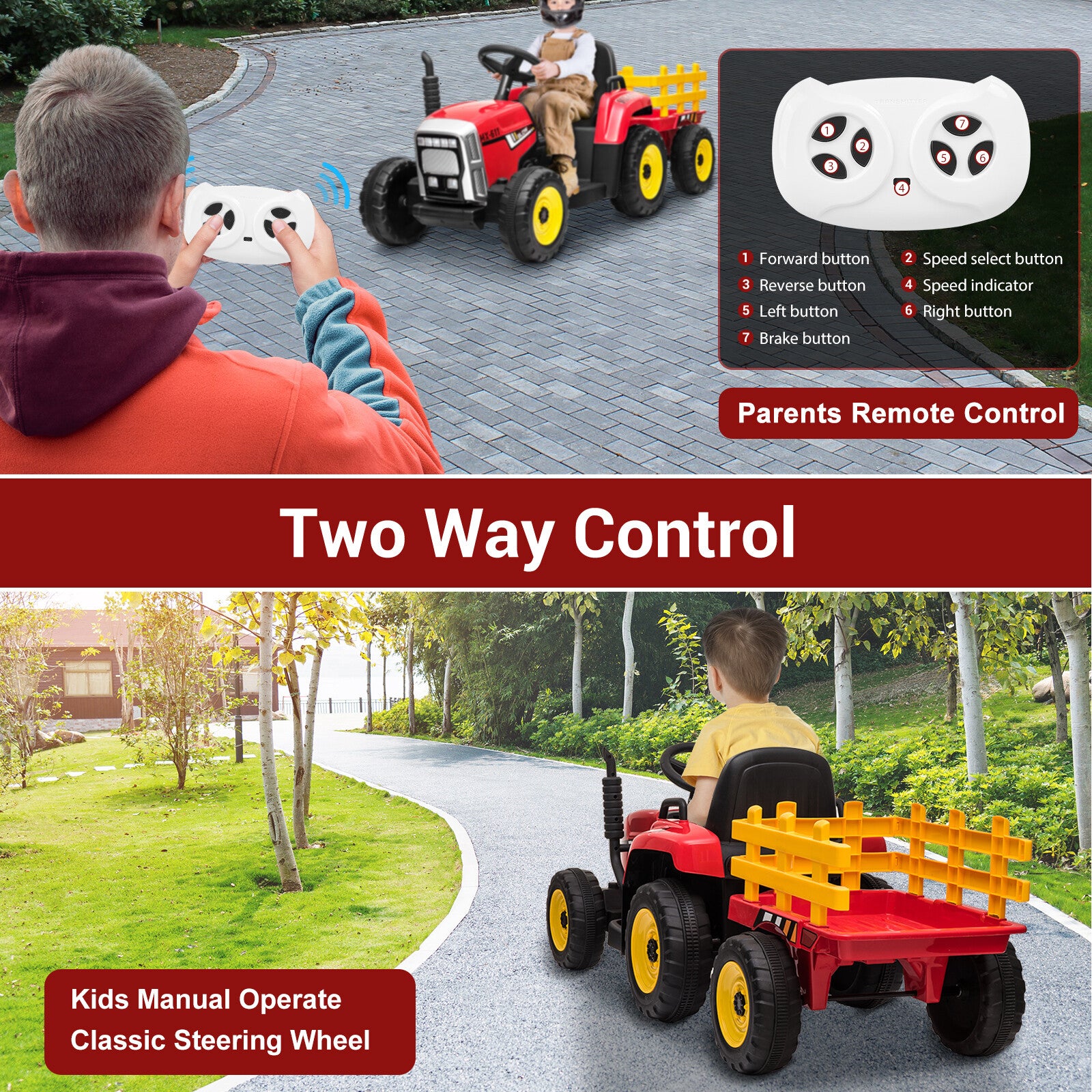 12V Kids Ride-On Electric Tractor Car with Trailer, Remote Control, LED Lights, and MP3 - Red Trend Times 2