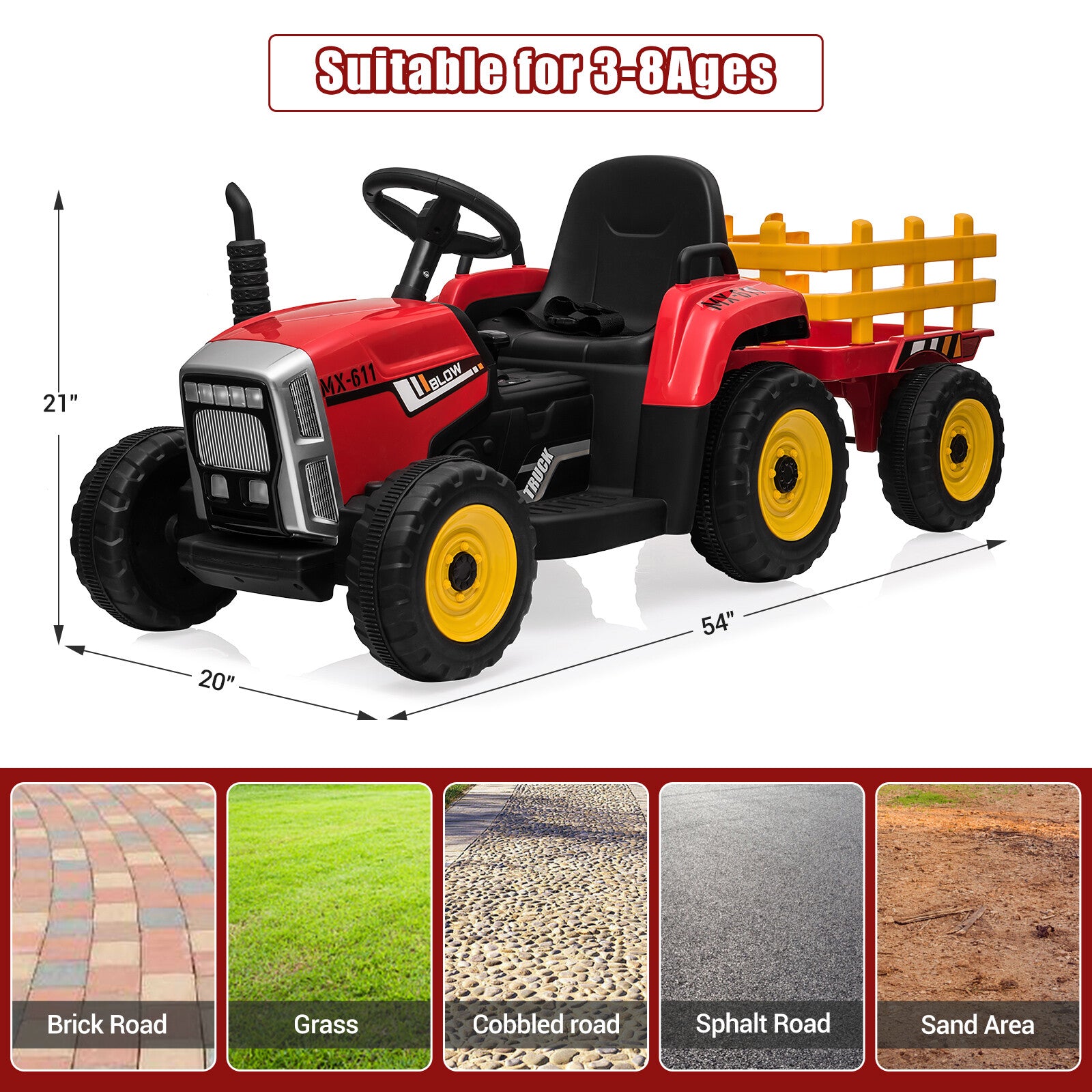 12V Kids Ride-On Electric Tractor Car with Trailer, Remote Control, LED Lights, and MP3 - Red Trend Times 3