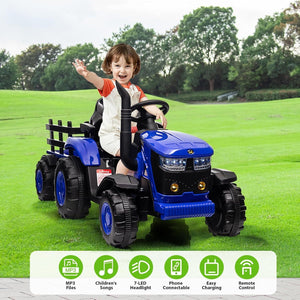 12V Electric Kids Ride-On Tractor Toy with Detachable Trailer and Remote Control Blue Trend Times 2