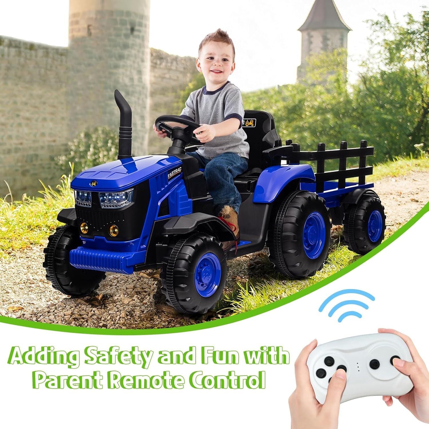 12V Electric Kids Ride-On Tractor Toy with Detachable Trailer and Remote Control Blue Trend Times 3