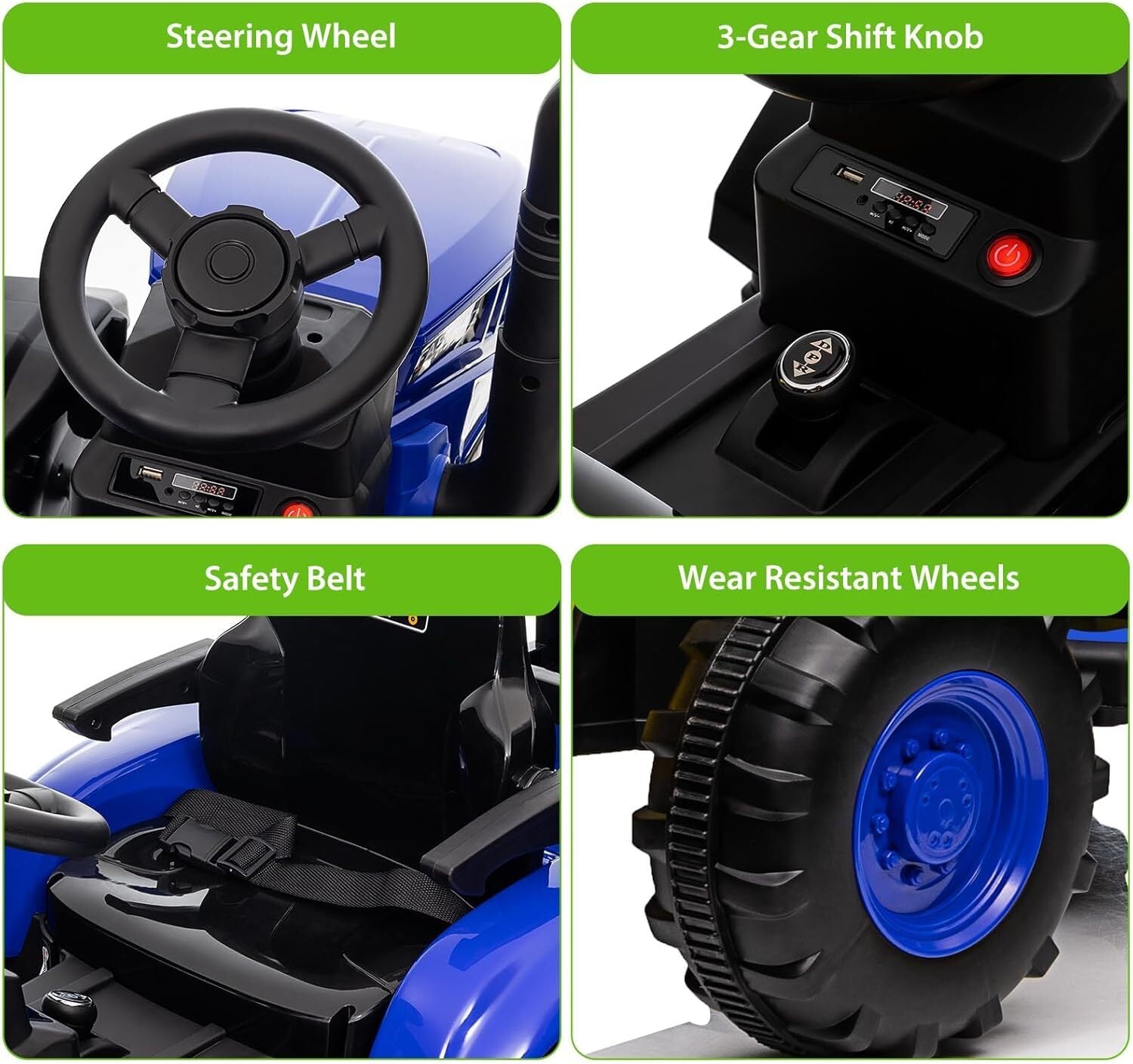 12V Electric Kids Ride-On Tractor Toy with Detachable Trailer and Remote Control Blue Trend Times 5
