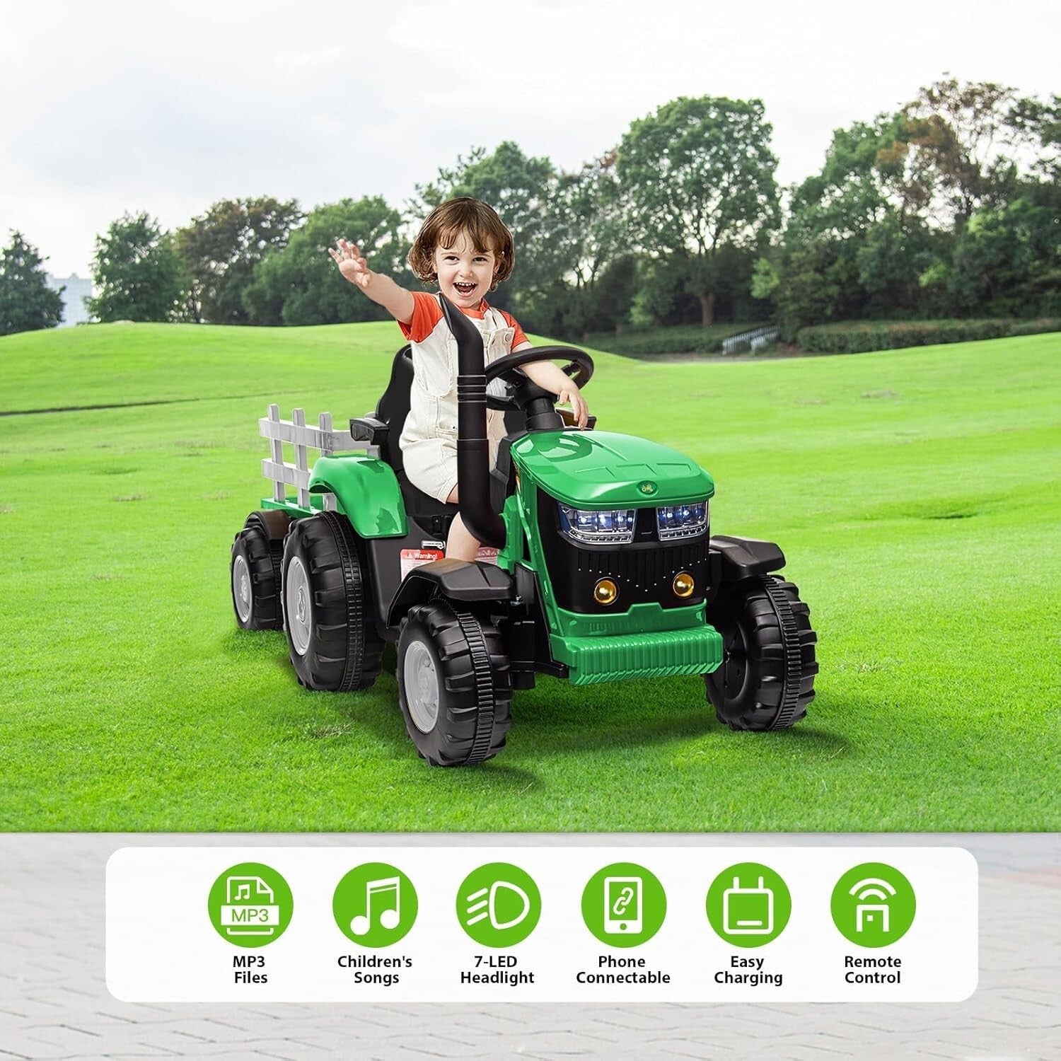 12V Kids Electric Ride-On Tractor Toy with Detachable Trailer and Remote Control Green Trend Times 2
