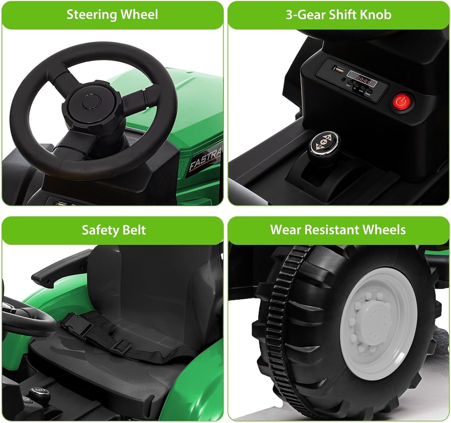12V Kids Electric Ride-On Tractor Toy with Detachable Trailer and Remote Control Green Trend Times 4