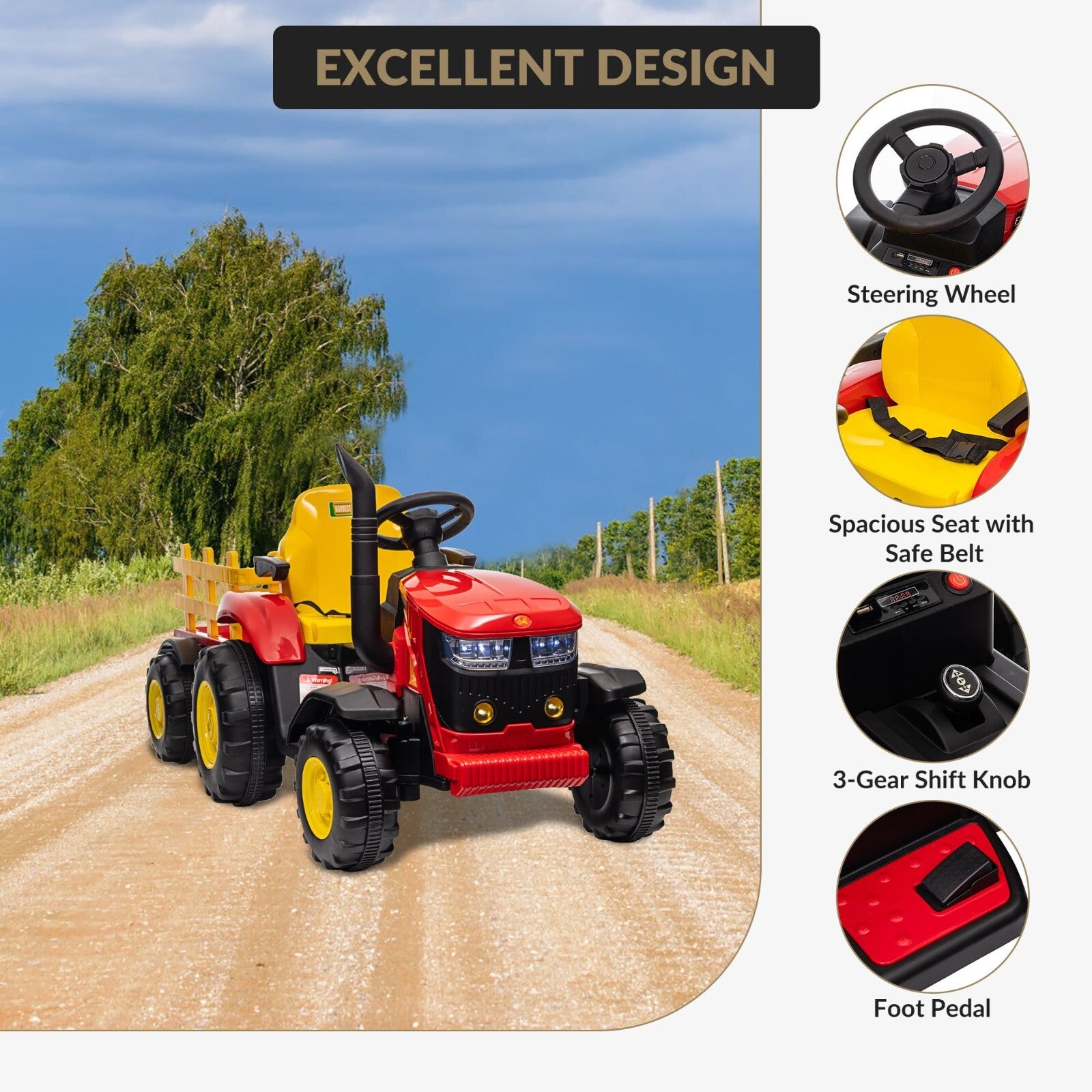 12V Electric Ride-On Kids Tractor with Trailer and Remote Control – Red Trend Times 3