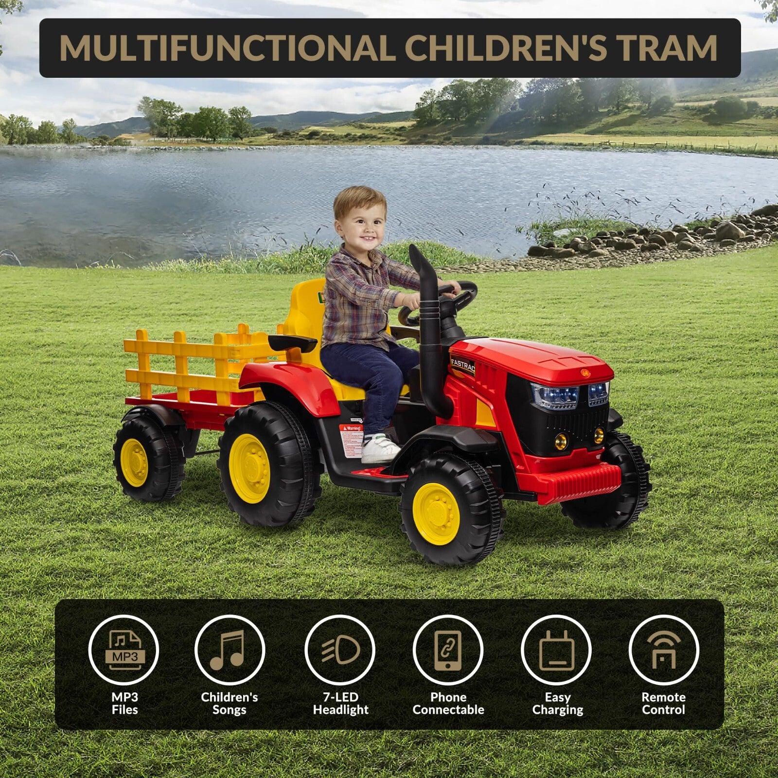 12V Electric Ride-On Kids Tractor with Trailer and Remote Control – Red Trend Times 4