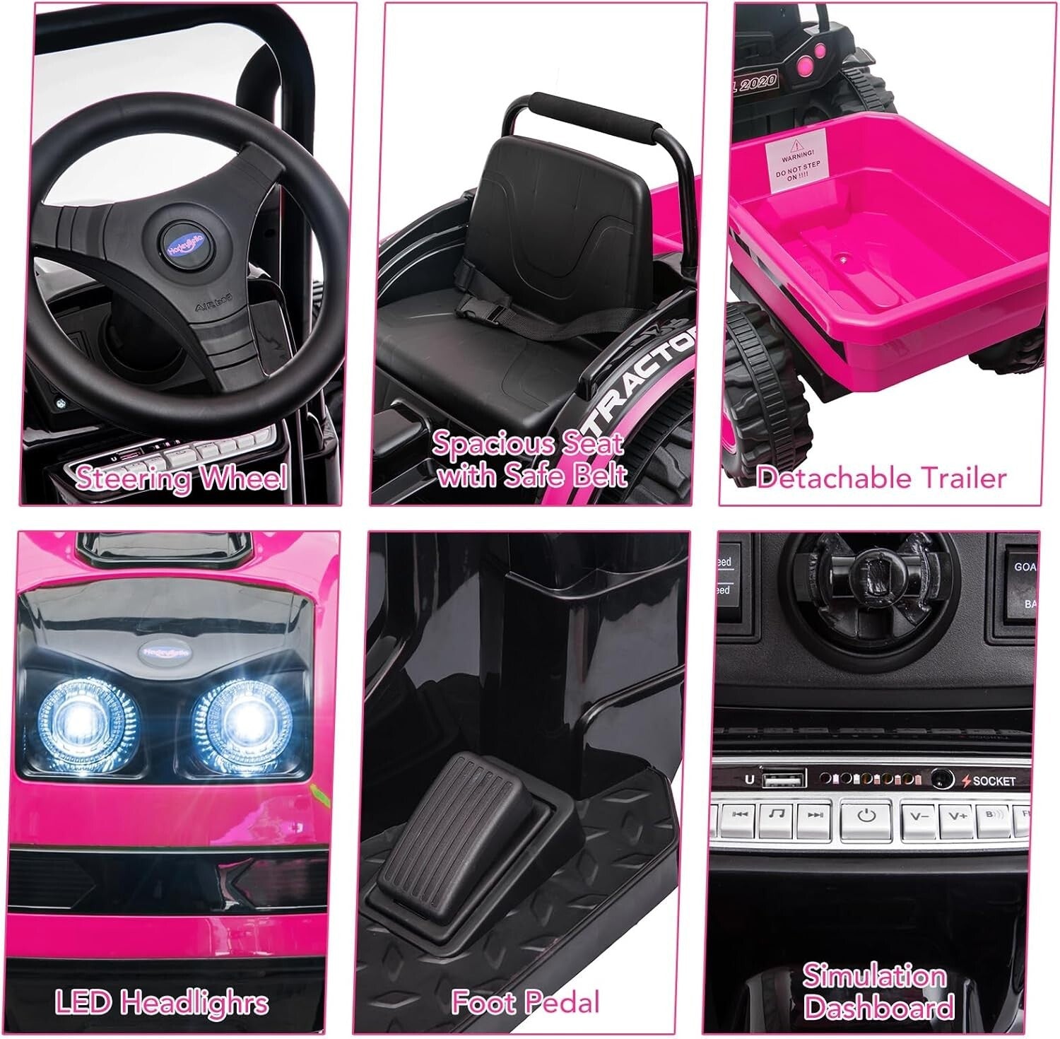12V Electric Kids Ride-On Tractor Toy with Trailer and Remote Control in Pink Trend Times 3