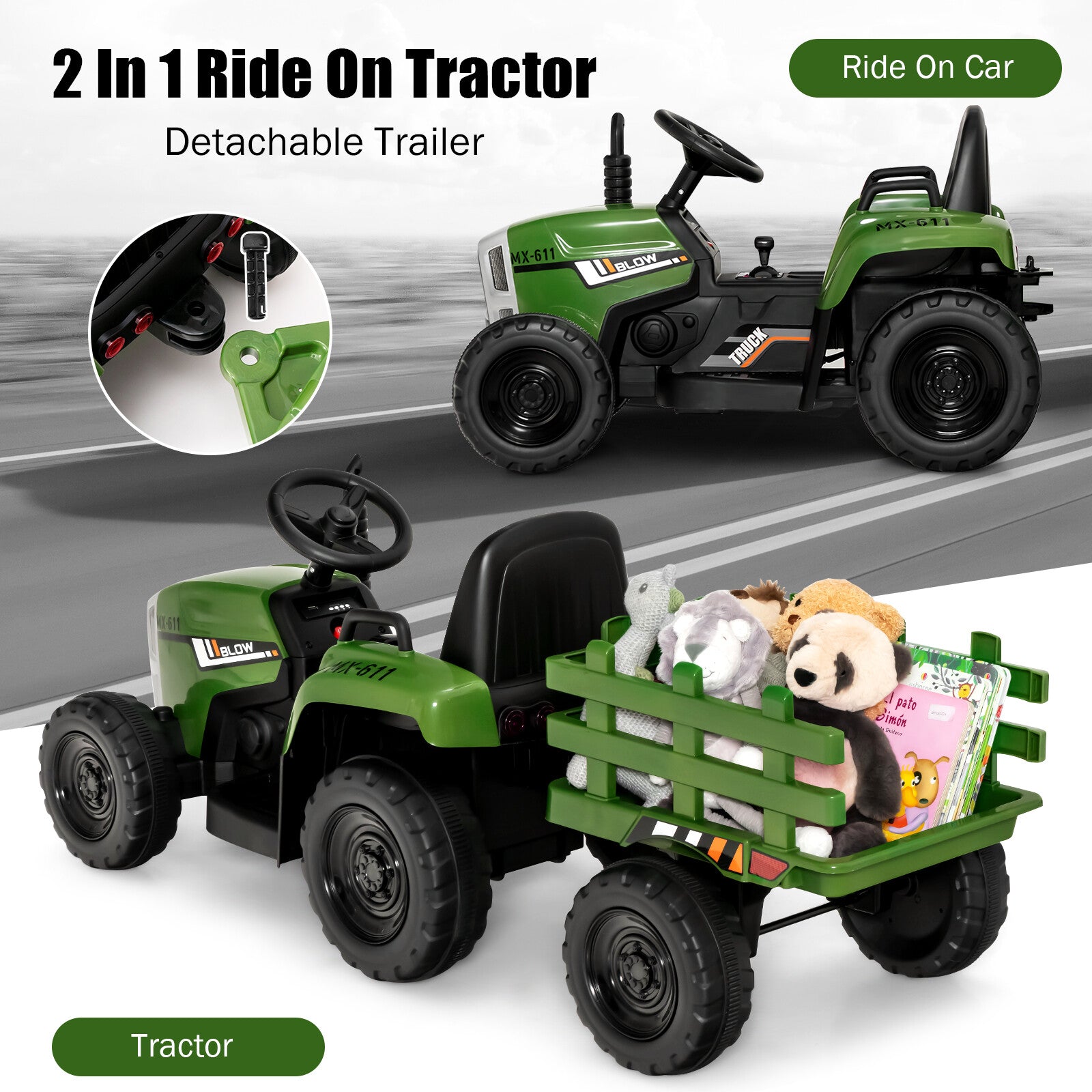 12V Kids Ride-On Tractor with Trailer, 3 Variable Speeds and Remote Control Trend Times 2