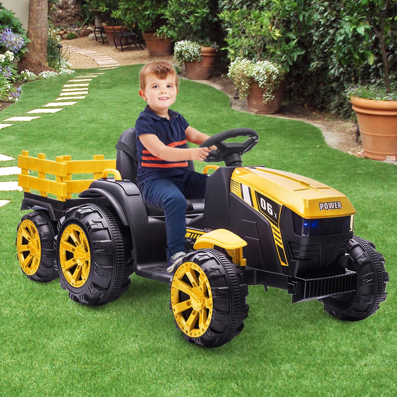 12V Kids Ride-On Tractor with Trailer, 6 Wheels, Safety Belt, LED Lights, and Music Trend Times 3
