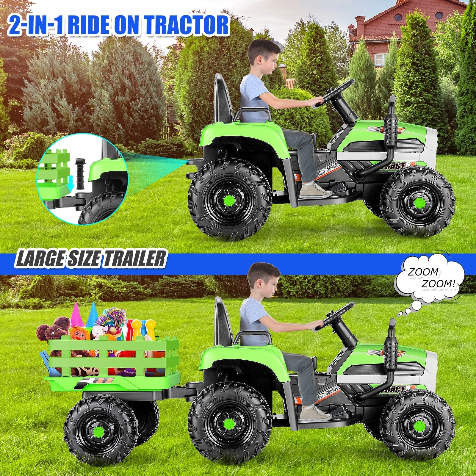 12V Kids Ride-On Tractor with Trailer and Ground Loader 55" x 20" x 20.5" Trend Times 2