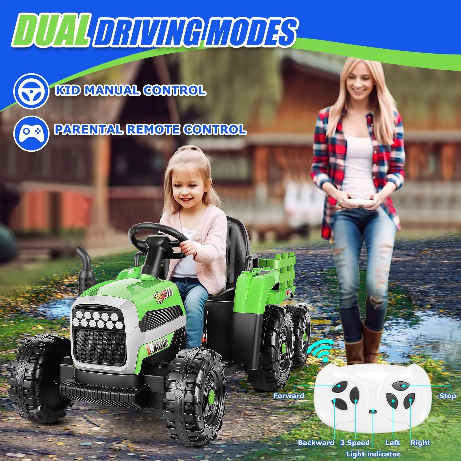 12V Kids Ride-On Tractor with Trailer and Ground Loader 55" x 20" x 20.5" Trend Times 3