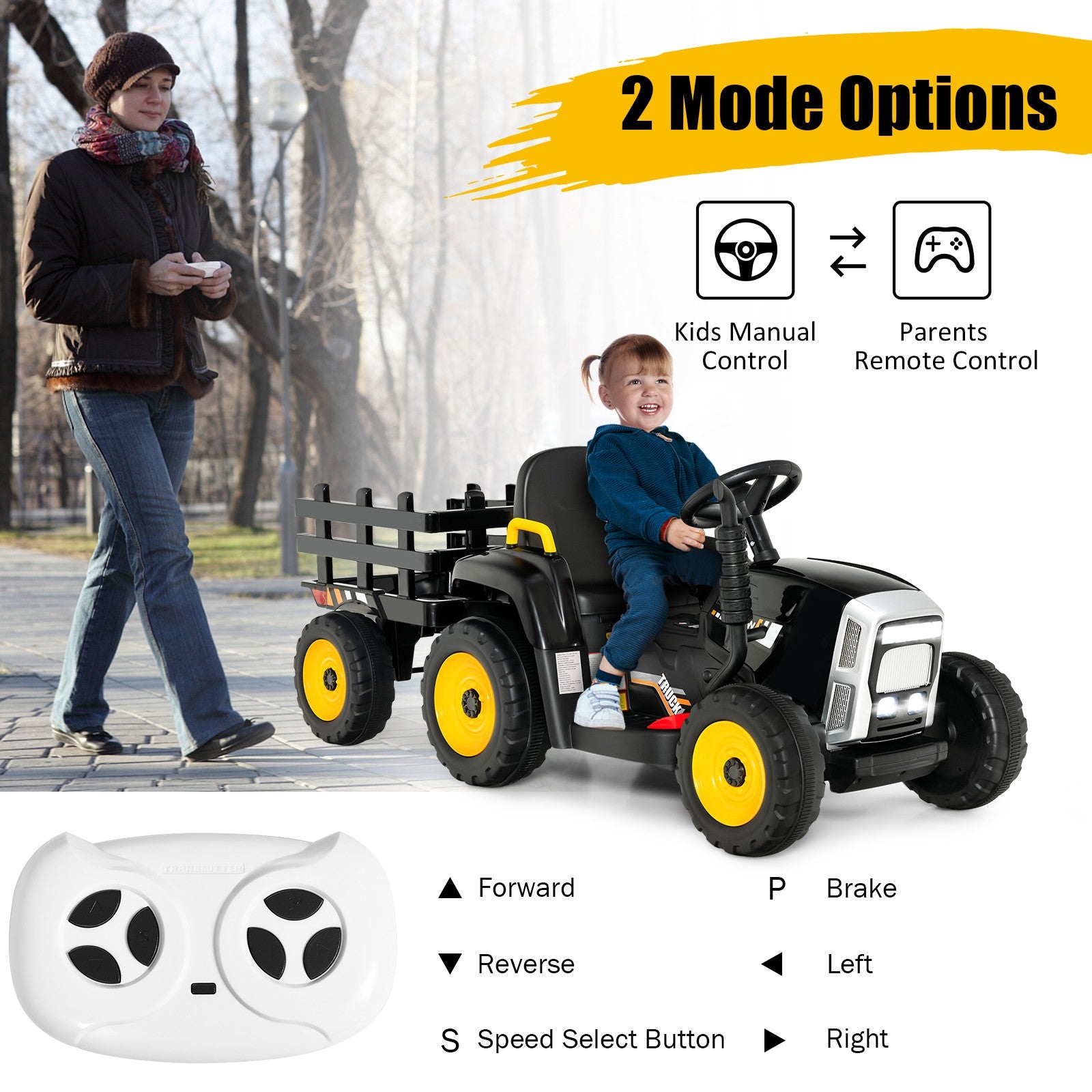 12V Kids Ride-On Tractor with Trailer and Ground Loader Remote Control and Lights in Black Trend Times 8