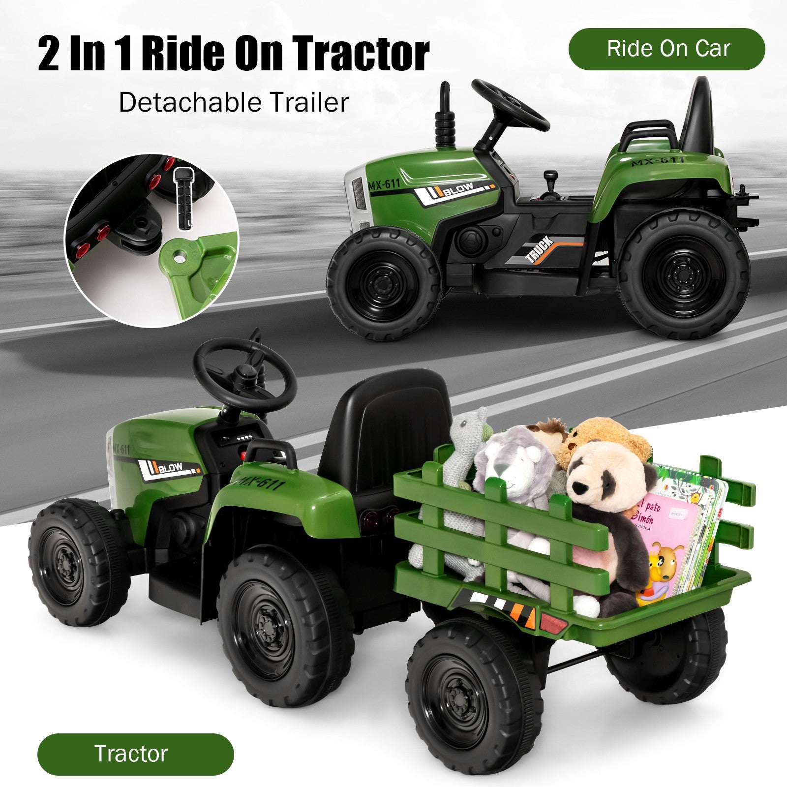 12V Kids Ride-On Tractor with Trailer, Ground Loader, Remote Control, and Lights in Dark Green Trend Times 2
