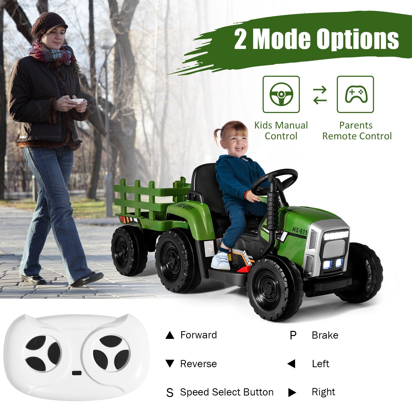 12V Kids Ride-On Tractor with Trailer, Ground Loader, Remote Control, and Lights in Dark Green Trend Times 5
