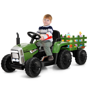 12V Kids Ride-On Tractor with Trailer, Ground Loader, Remote Control, and Lights in Dark Green Trend Times 9