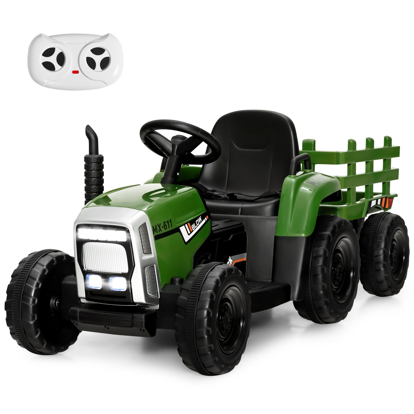 12V Kids Ride-On Tractor with Trailer, Ground Loader, Remote Control, and Lights in Dark Green Trend Times Variant 0