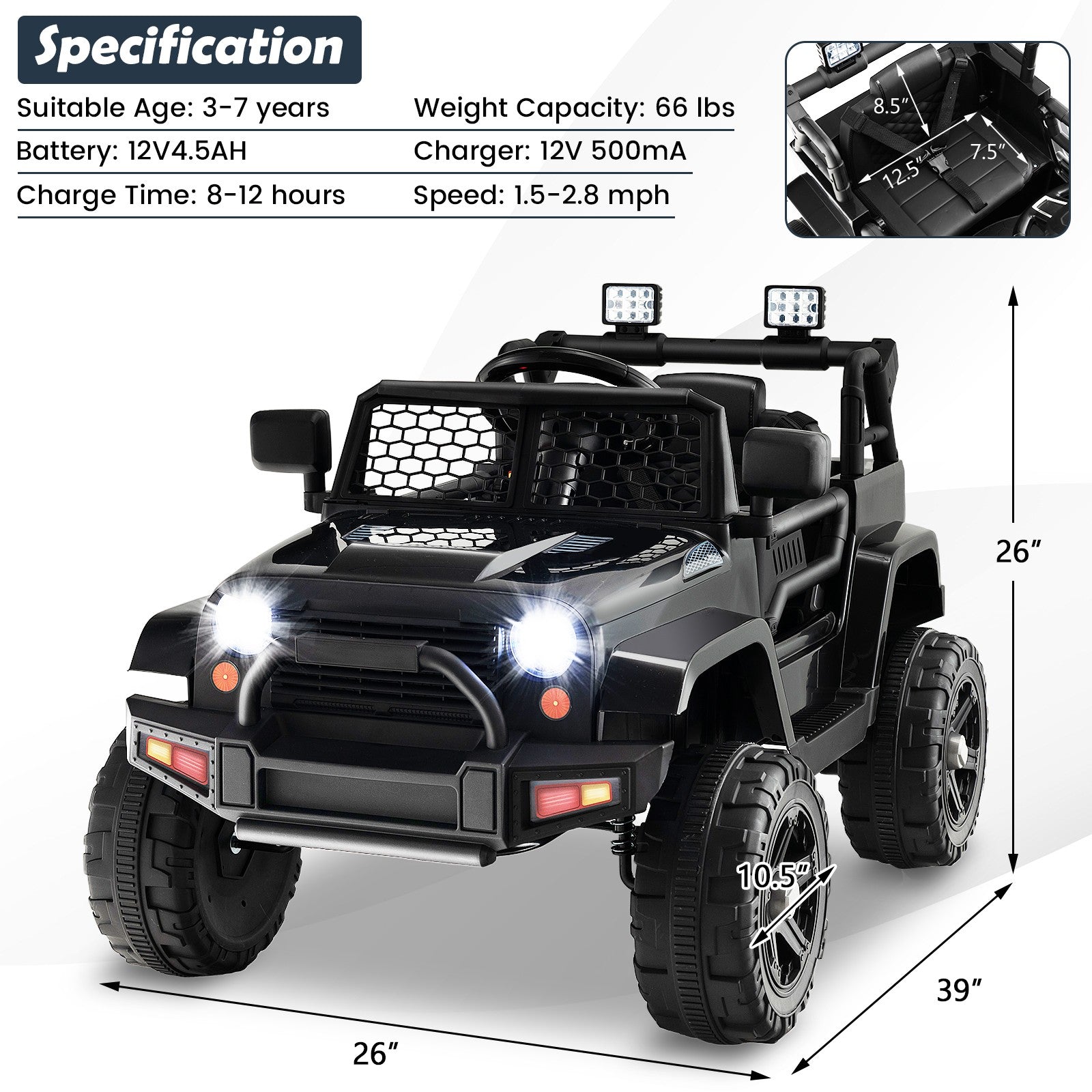 12V Kids Electric Ride-On Truck Car with Remote, Music, and Lights - Black Trend Times 1