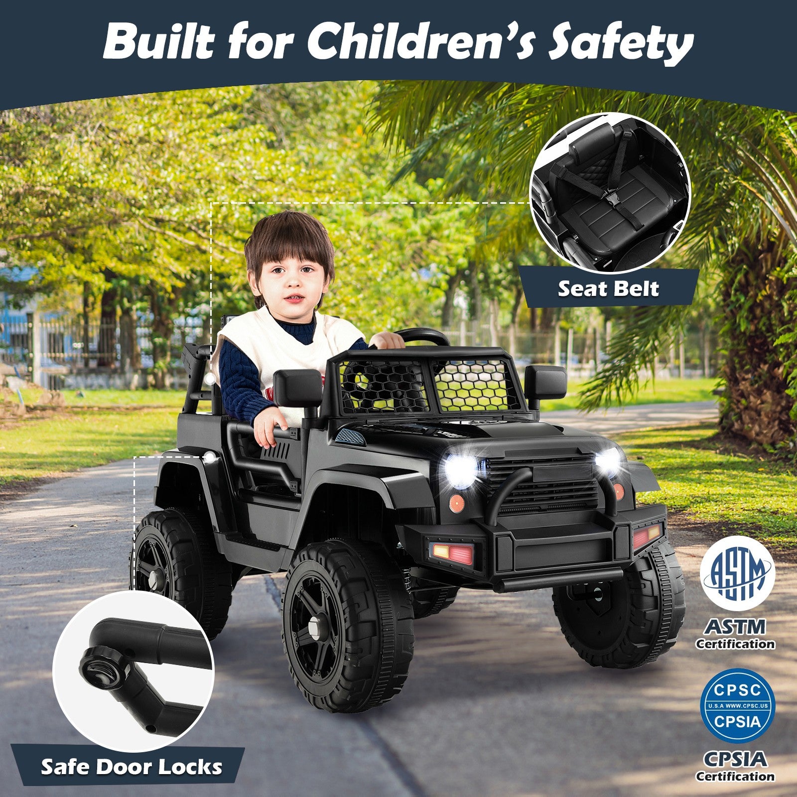 12V Kids Electric Ride-On Truck Car with Remote, Music, and Lights - Black Trend Times 4