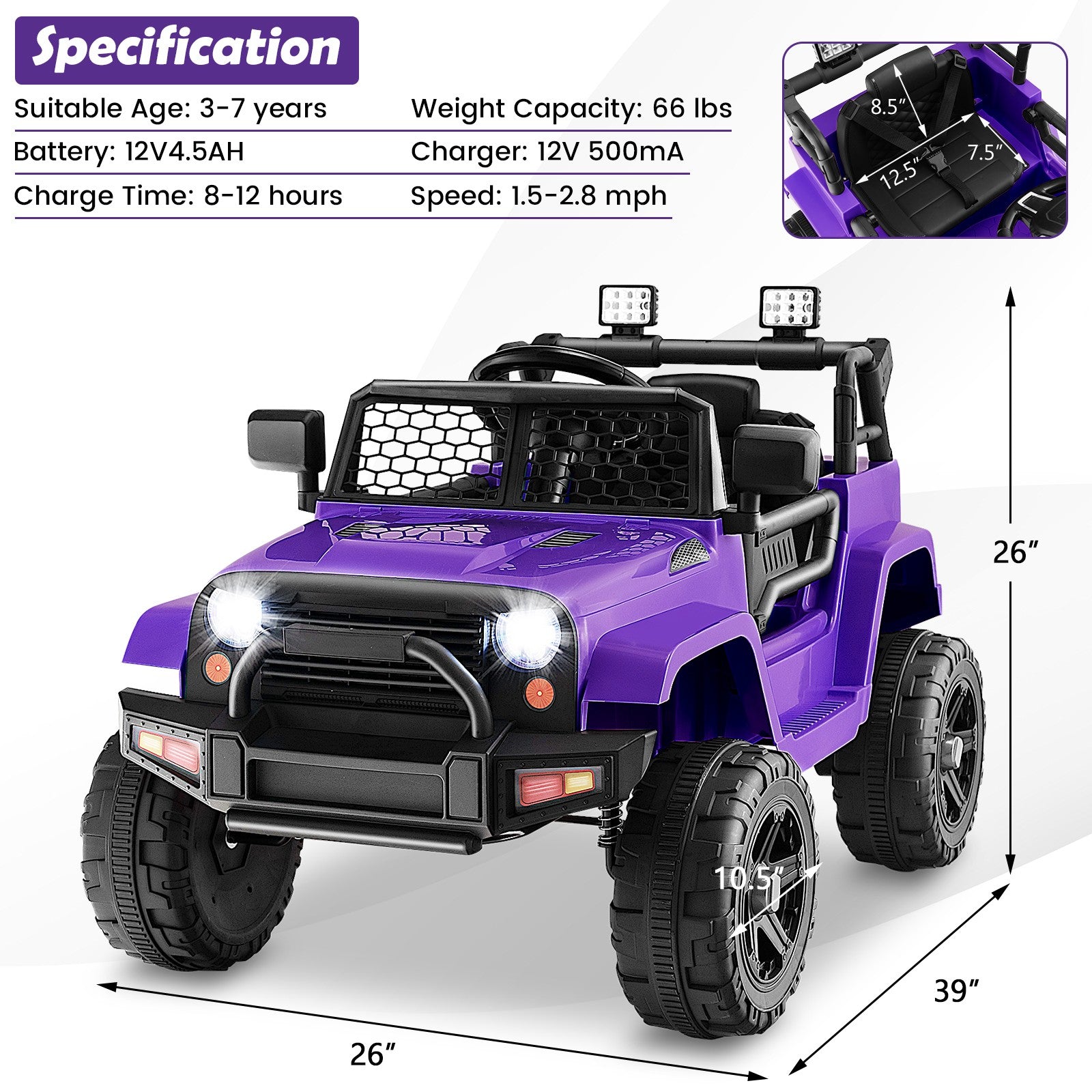 12V Kids Electric Ride-On Truck with Remote Control, Music, and Lights – Purple Trend Times 1