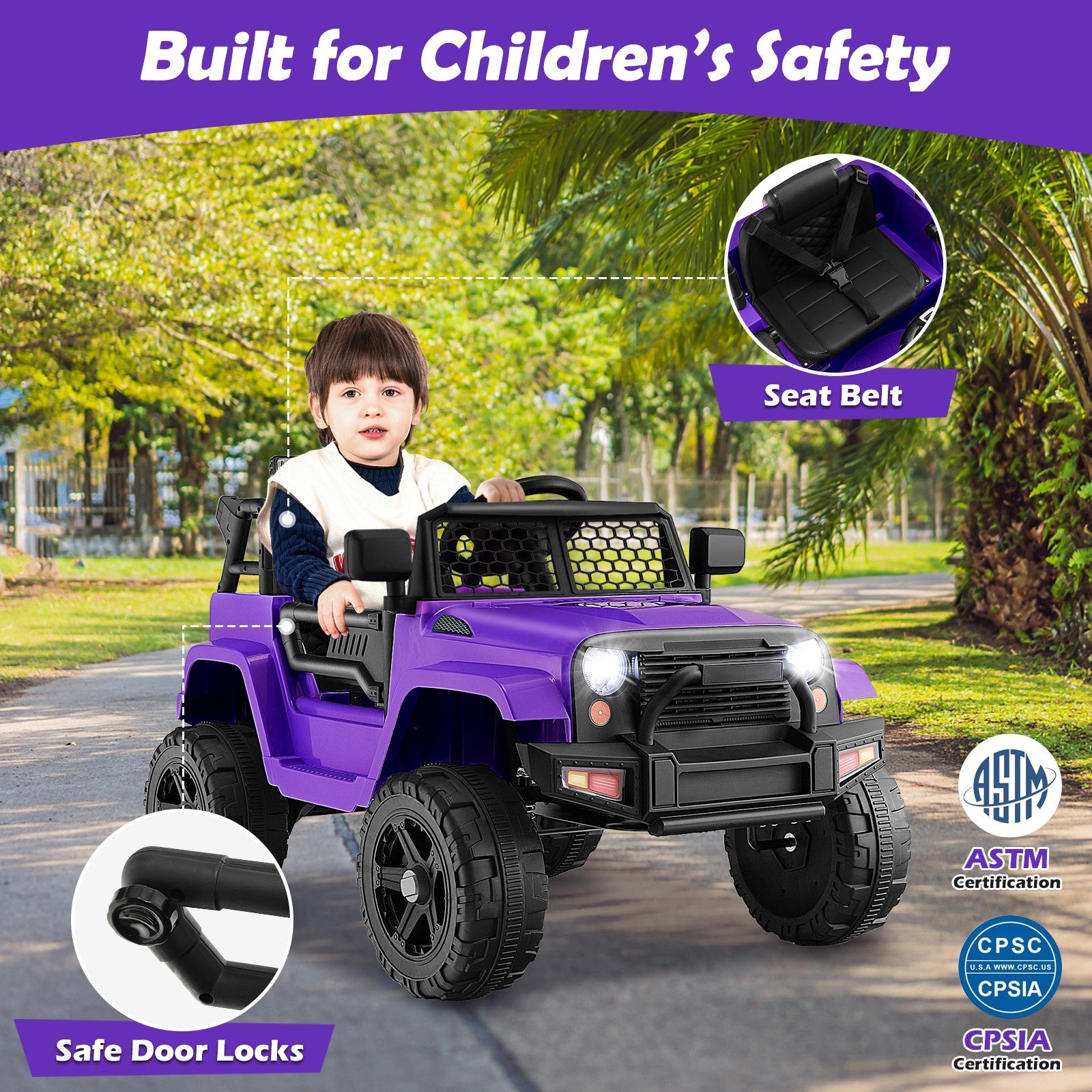 12V Kids Electric Ride-On Truck with Remote Control, Music, and Lights – Purple Trend Times 3
