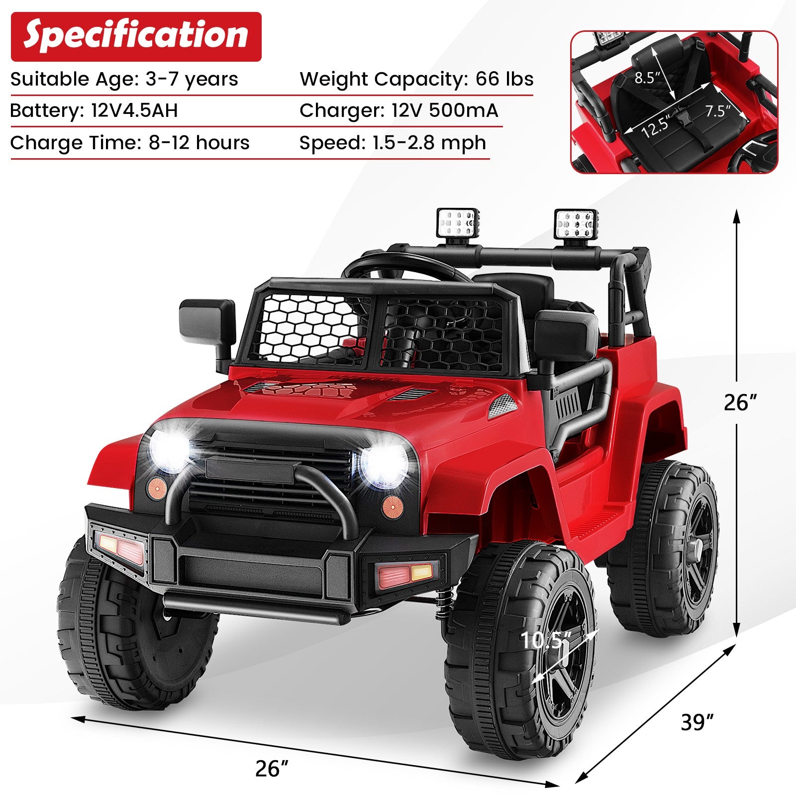 12V Red Kids Electric Ride-On Truck with Remote Control, Music, and Lights Trend Times 1