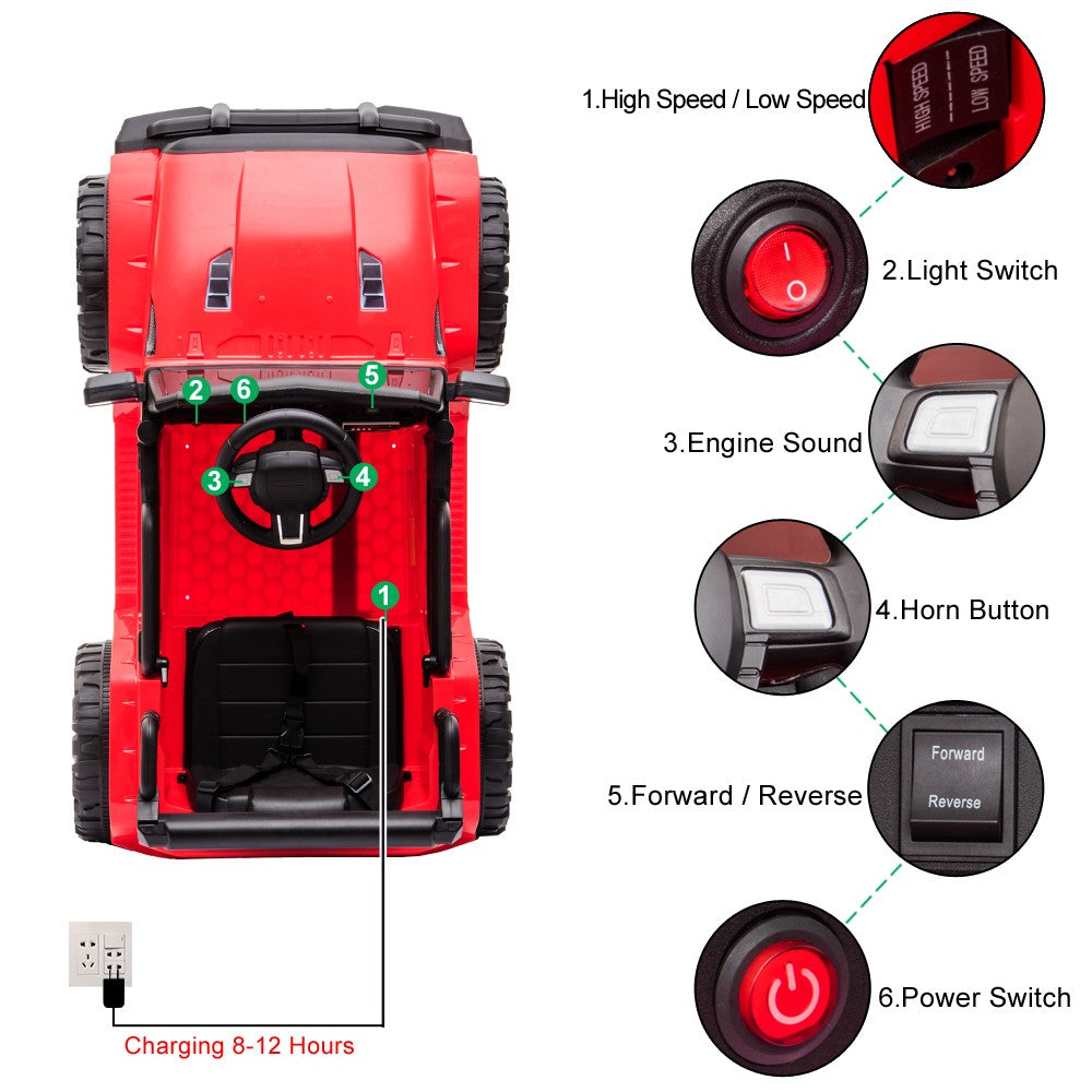 12V Kids Ride-On Truck Car with Parent Remote Control, LED Lights, and MP3 Player - Red Trend Times 6