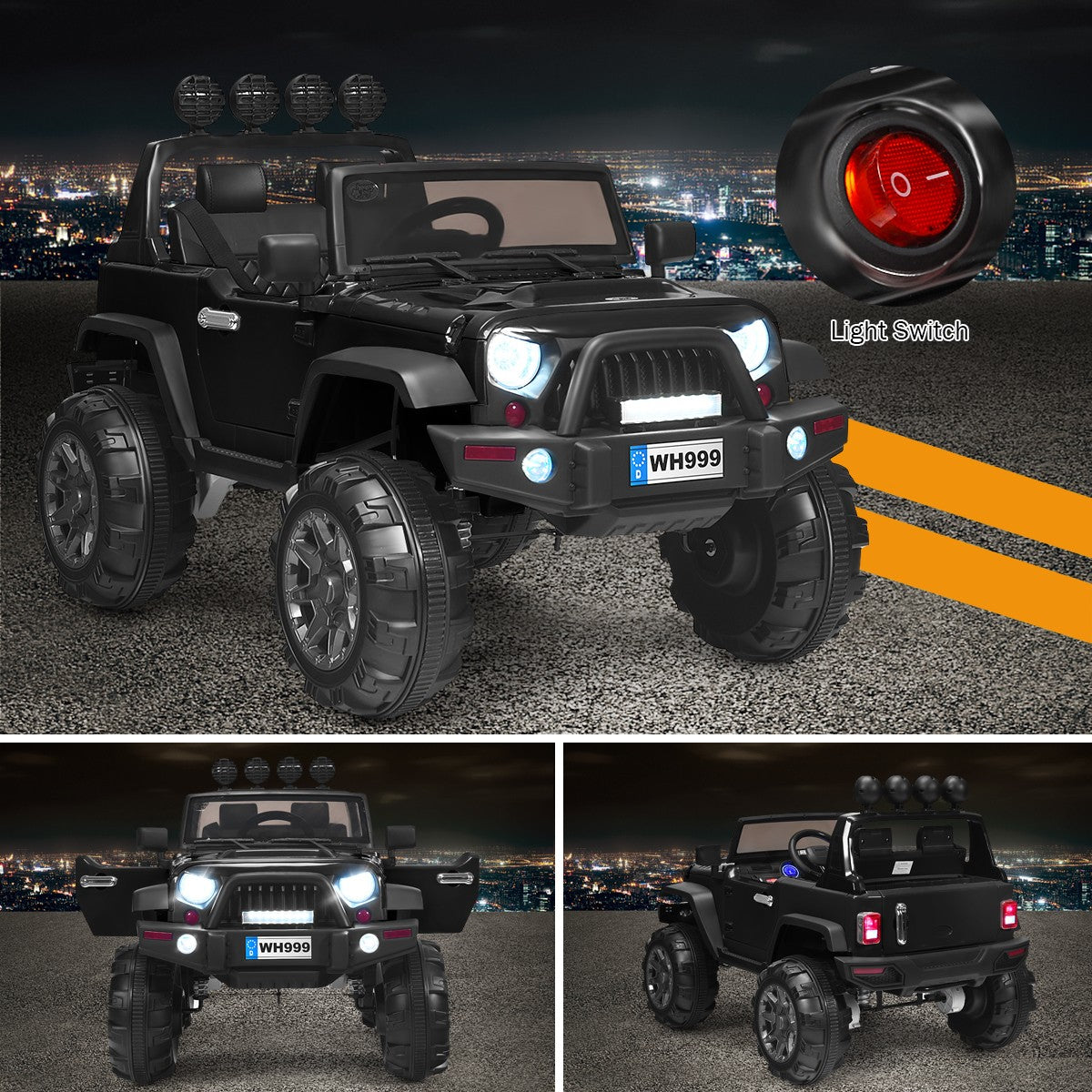 12V Kids Ride-On RC Truck with Spring Suspension, LED Lights, Music, and Trunk – Black Trend Times 4