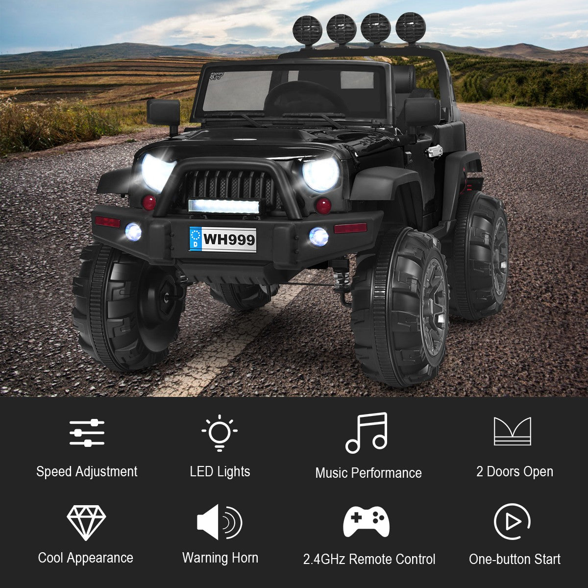 12V Kids Ride-On RC Truck with Spring Suspension, LED Lights, Music, and Trunk – Black Trend Times 6