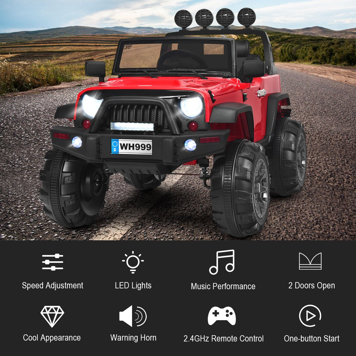 12V Kids Ride-On RC Truck with Spring Suspension, LED Lights, Music, and Storage Trunk - Red Trend Times 6