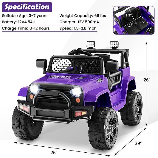 12V Kids Ride-On Truck with Remote Control and Headlights Purple Trend Times 3