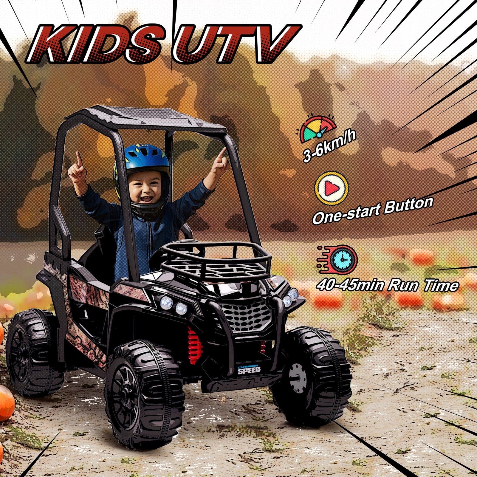 12V Kids UTV with Music, Lights, MP3 USB, Suspension, Camo Design Trend Times 6