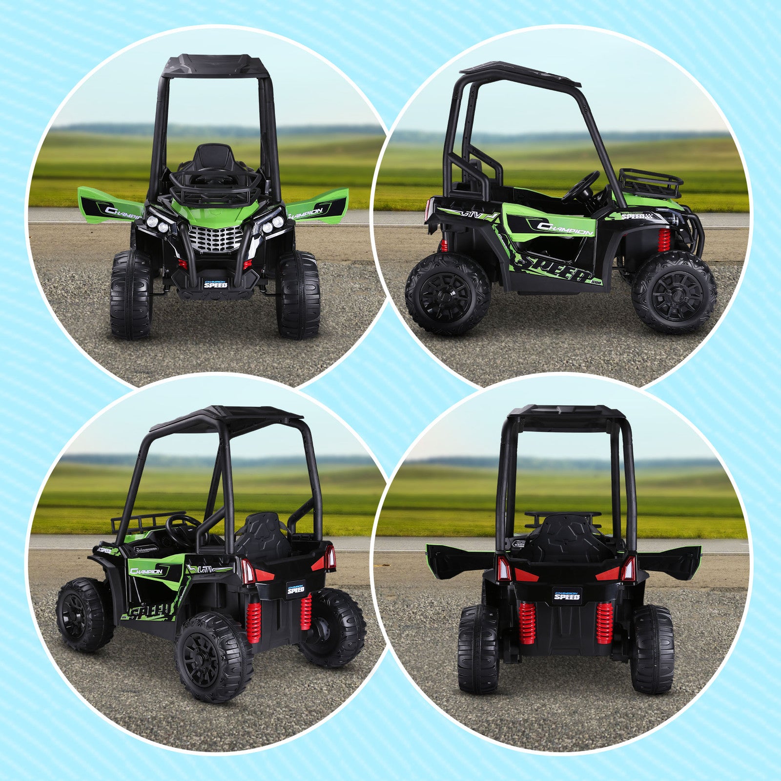 12V Kids UTV with Music, Lights, MP3/USB, Suspension, Green Trend Times 9
