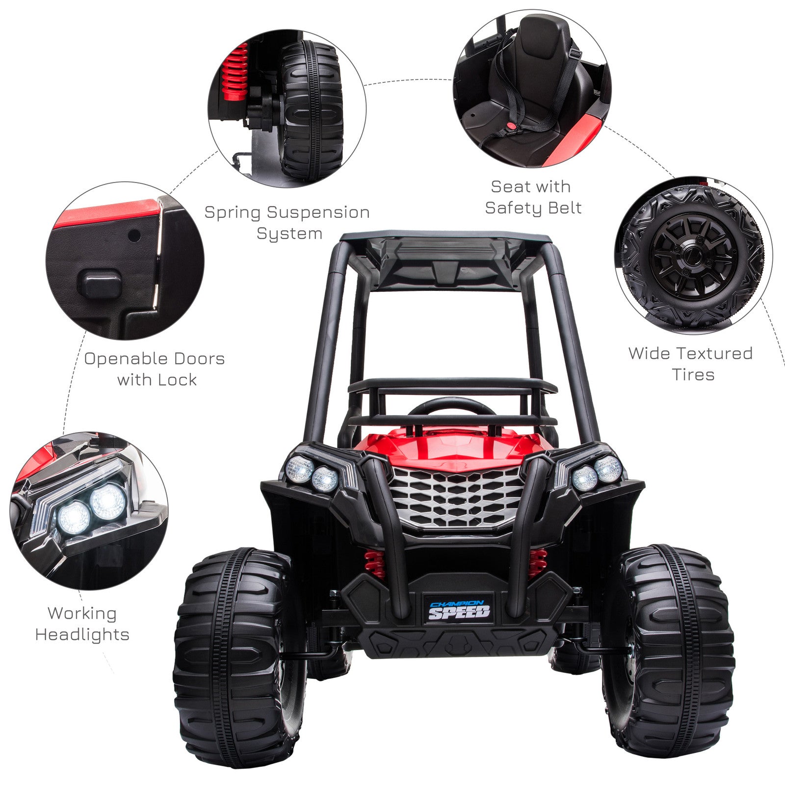 12V Kids UTV with Music, Lights, MP3/USB, Suspension – Red Trend Times 7
