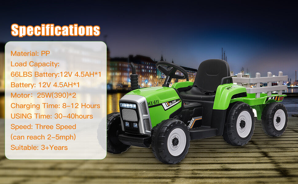 12V Electric Green Ride-On Tractor with Trailer and Remote Control for Toddlers Trend Times 6