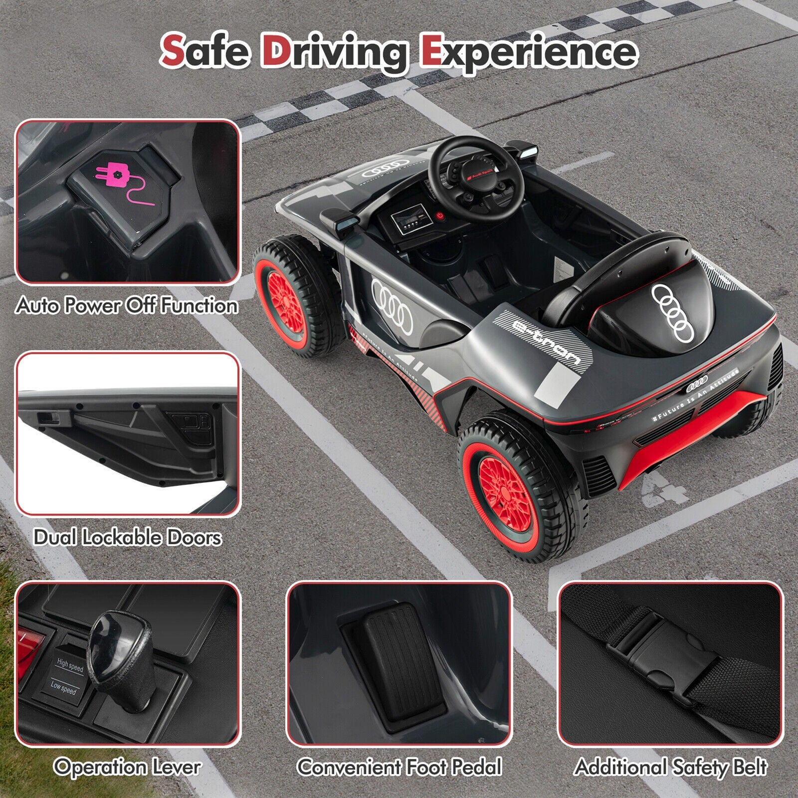 12V Licensed Audi E-tron Kids Ride-On Racing Car with Remote Control and Lights Gray Trend Times 5