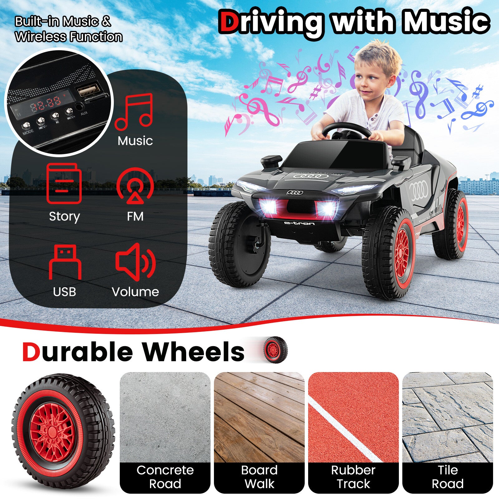 12V Licensed Audi Kids Ride-On E-tron Racing Car with Remote Control and Lights Gray Trend Times 6