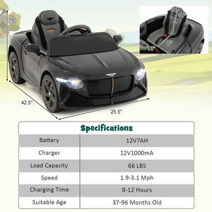 12V Licensed Bentley Bacalar Kids Electric Ride-On Car with Remote Control Black Trend Times 1