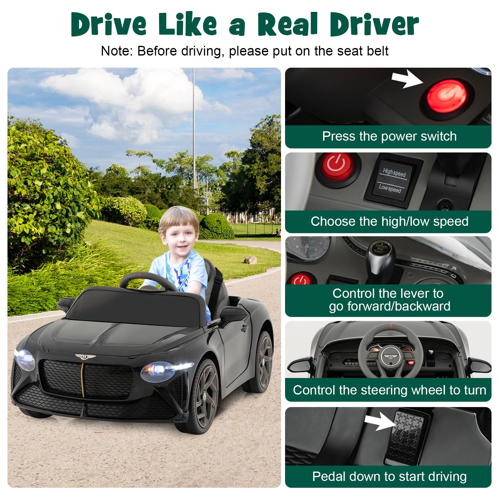 12V Licensed Bentley Bacalar Kids Electric Ride-On Car with Remote Control Black Trend Times 8