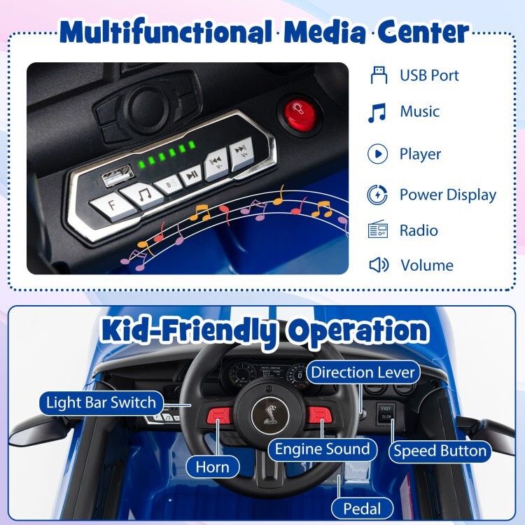 12V Licensed Ford Mustang Shelby GT500 Kids Ride-On Car with Remote Control for Ages 3-8 Trend Times 4