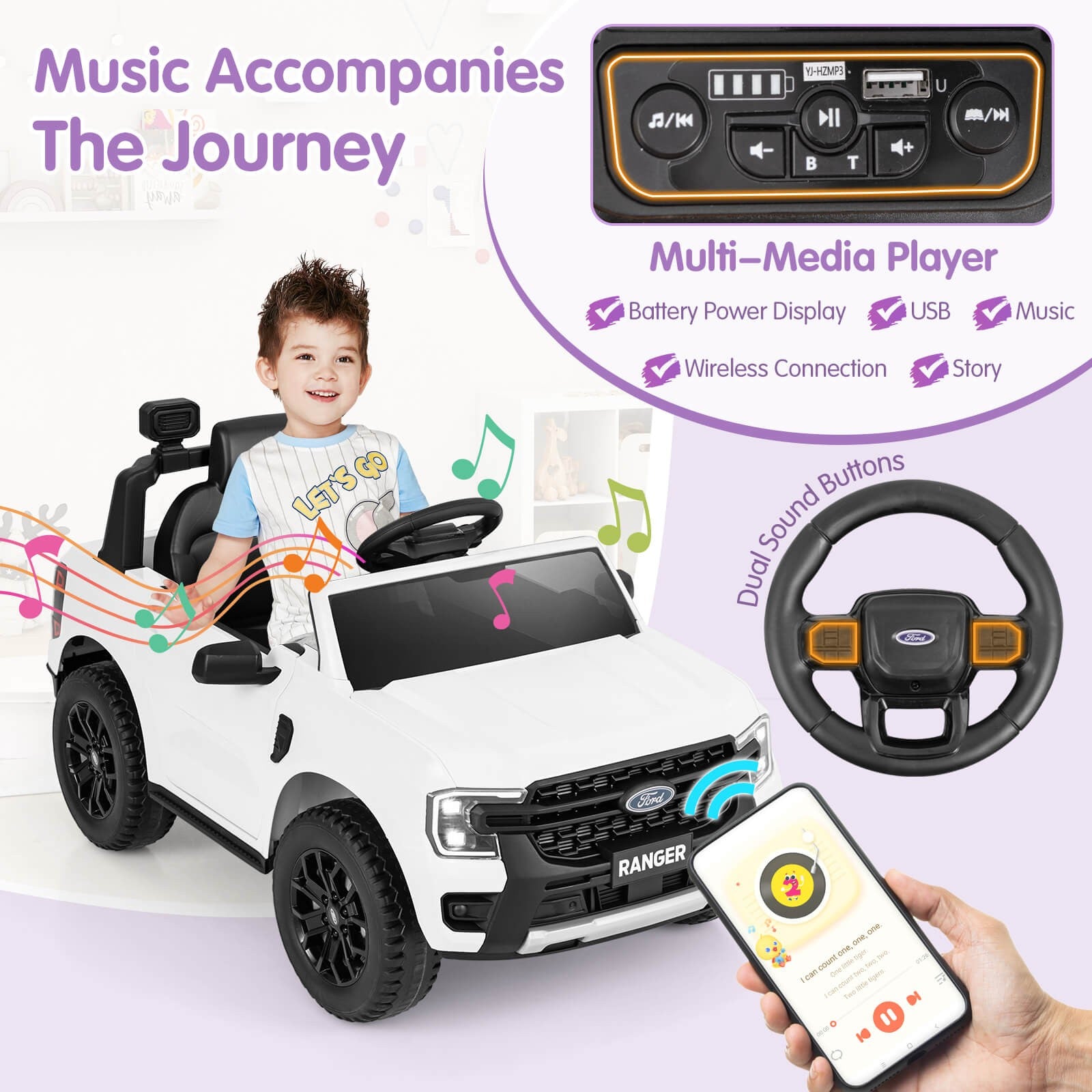 12V Licensed Ford Ranger Kids Ride-On Car with Remote Control and Storage Basket Trend Times 3