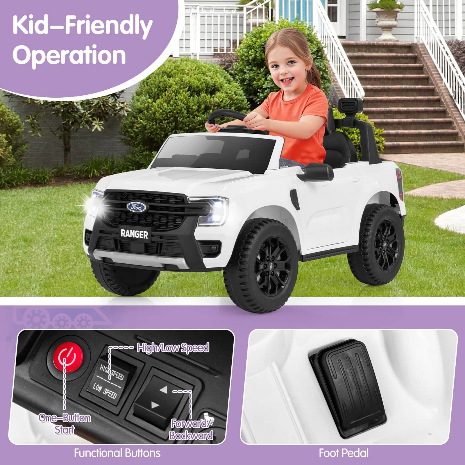 12V Licensed Ford Ranger Kids Ride-On Car with Remote Control and Storage Basket Trend Times 4