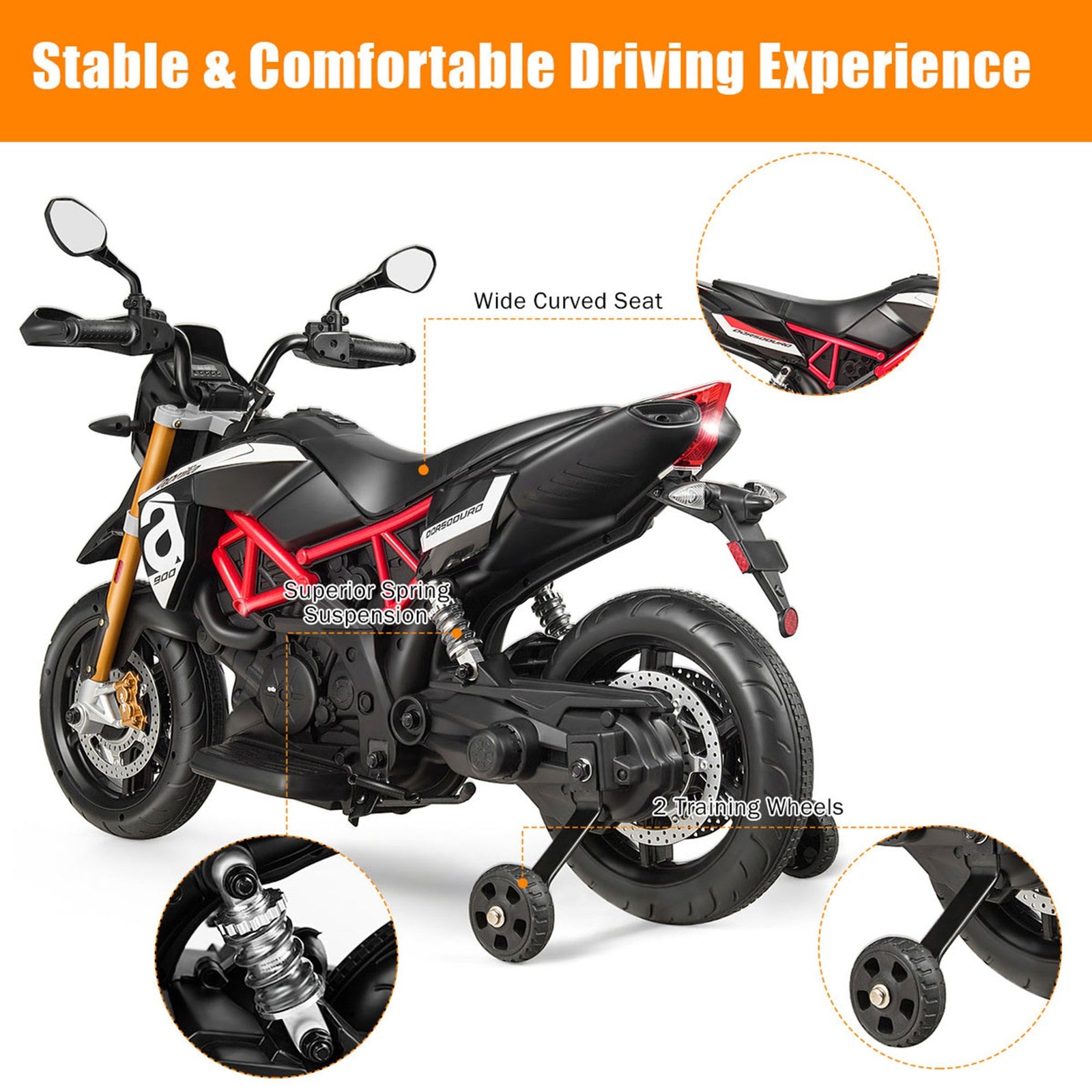 12V Licensed Kids Ride-On Motorcycle with Headlight and Training Wheels, Black Trend Times 8