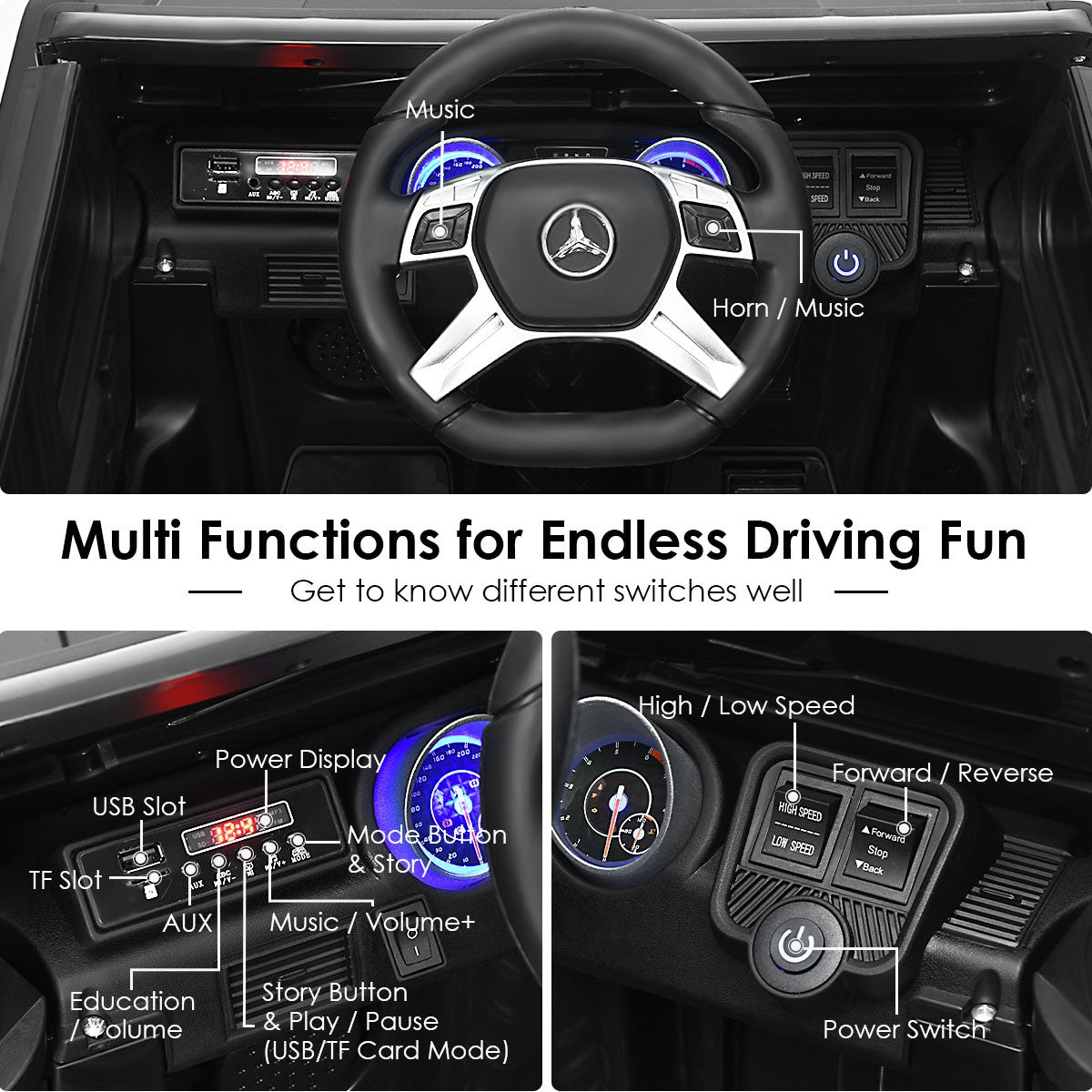 12V Licensed Kids Ride-On Mercedes-Benz RC Motorized Car with Trunk Black Trend Times 6